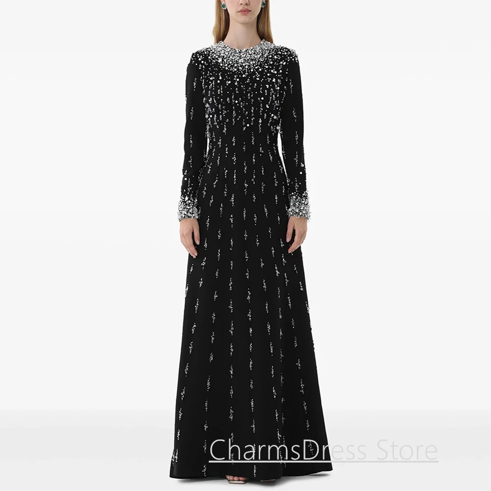 Luxury Black Evening Dress Customized Round Neck Full Sleeves Heavy Beading Crystal Arabian Prom Gown Dubai Party Dresses