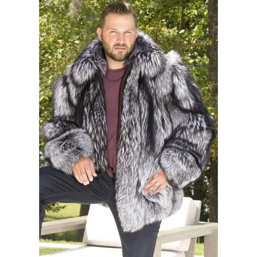 Winter Fur Coat For Men Silver Fox Fur Mens Coat Real Fox Fur Coats Full Skin Natural Fur Bomber Jacket Luxury High Quality