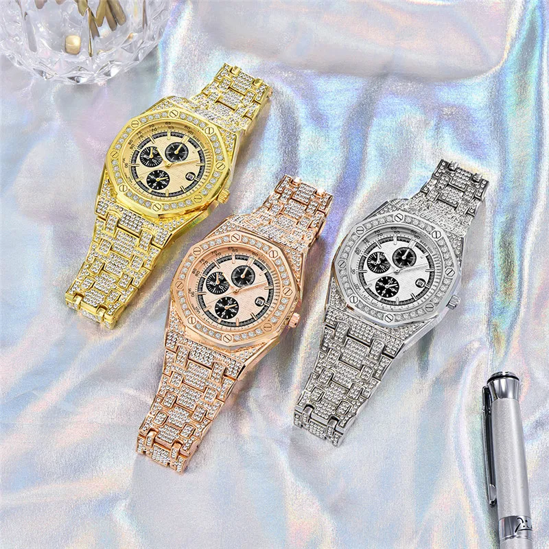 Men Genuine Brand Golden Luxury Watches Fashion Alloy Band Hip Hop Diamond Date Quartz Vintage Watch Montres de Marque de Luxe