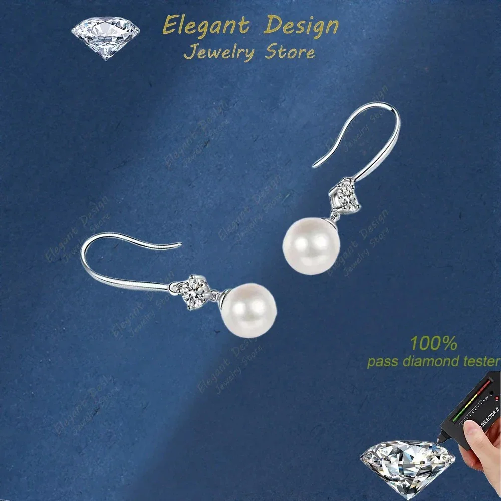 Elegant Design 8mm Fresh Water Flawless Pearl with 0.6CT Moissanite Earrings, Platinum PT950 Drop Earring for Women Perfect Gift