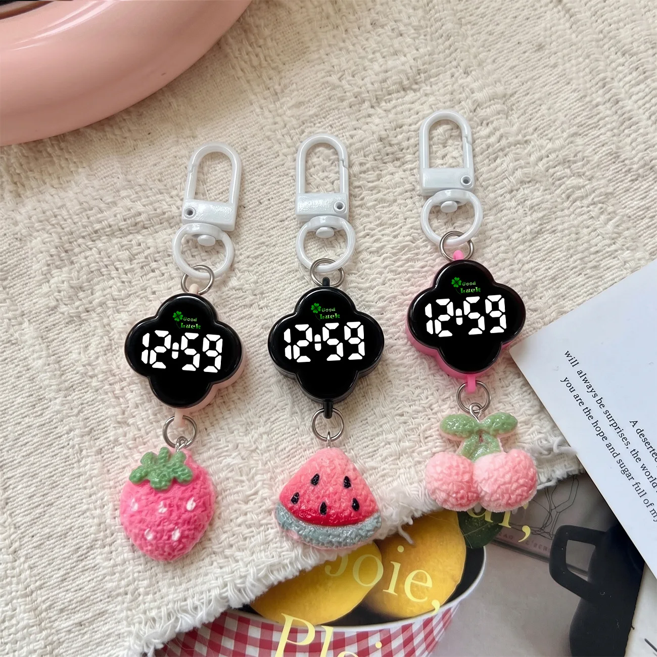 Cute Fruit Candy LED Keychain Watch Four-leaf Clover Digital Backpack Hanging Clock  Mini Silent Student Pocket Watch Kids Girls
