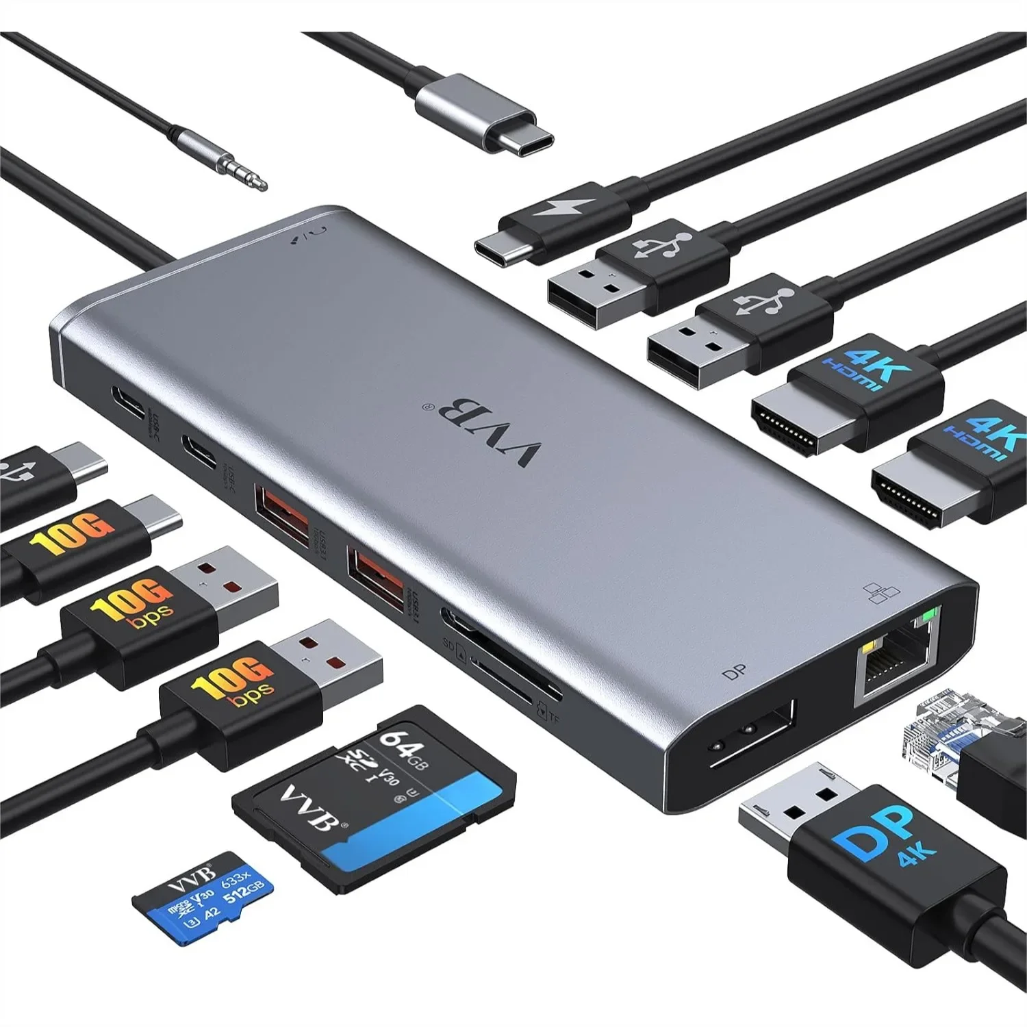 14 in 1 USB C Docking Station Dual Monitor HDMI for Dell Lenovo HP Laptop, Multiport Adapter with 2 HDMI, DisplayPort, Ethernet