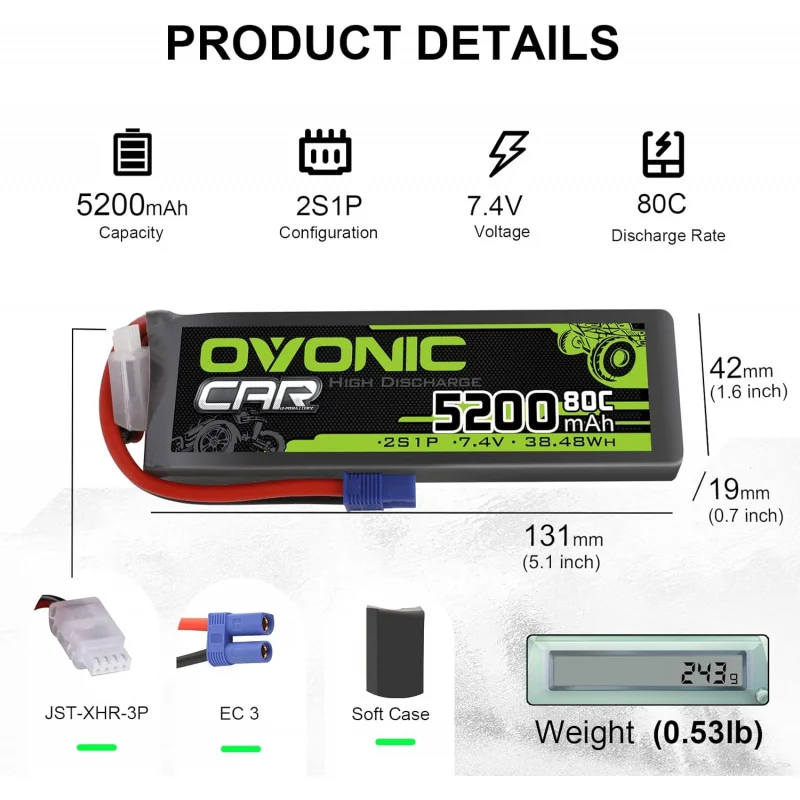 OVONIC 7.4V 2S Lipo Battery 5200mAh 80C Hard Case Battery with EC3 Plug for 1/8 1/10 RC Vehicles Car RC Buggy Truggy RC Airplane