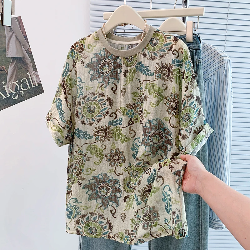 

Retro Print Loose Casual Cotton Short-sleeved T-shirt Women's Loose Thin Loose Super Good-looking Tops Tees Casual Streetwear