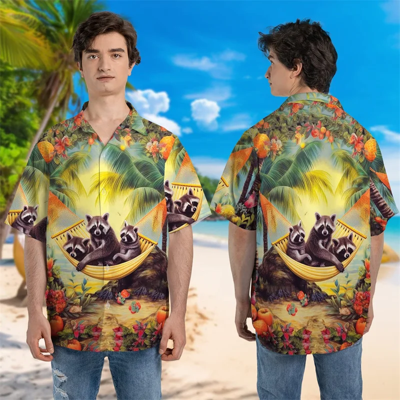 Funny Animal Raccoon 3D Print Beach Shirts For Men Procyon Lotor Lover Short Sleeve Bear Lapel Blouse Hawaiian Boy Button Tops