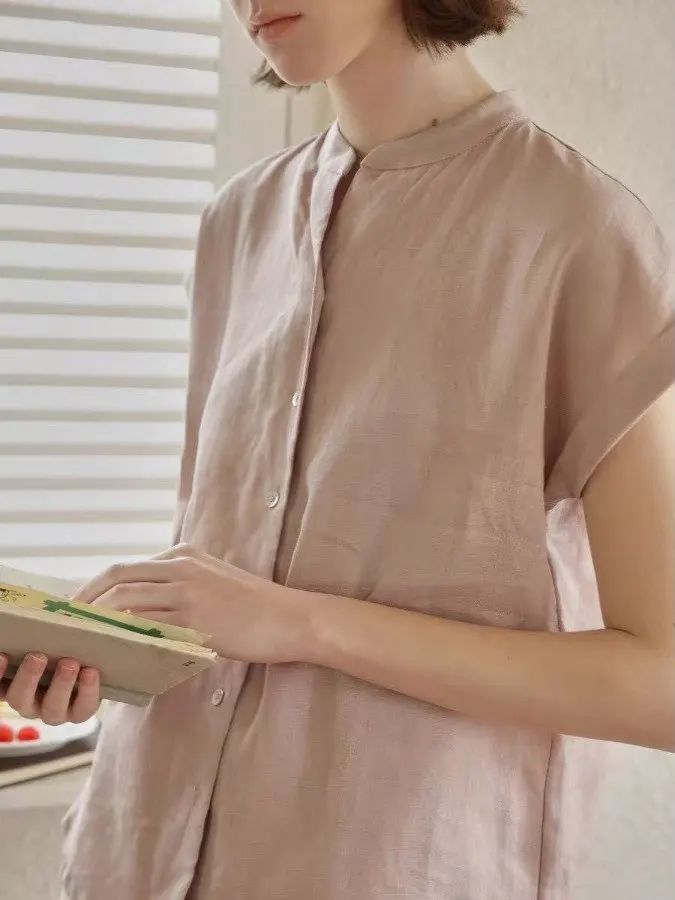 

High-End Linen Stand Collar irt Women Summer 2025 Loose ort Sve Svel Top Korean Sle Comfortable Breathable