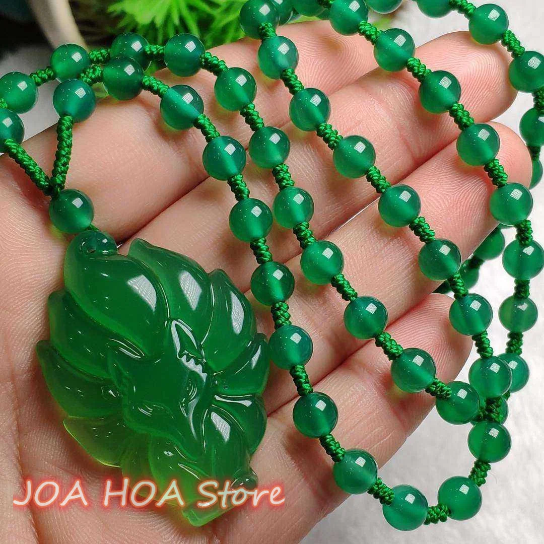 Ice Green Chrysoprase Natural Agate Emerald Fox Pendant Wth Round Beads String Chain Agate Necklace Fashion Jewelry