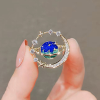 Blue Starry Sky Universe Planet Zirconia Moon Brooch Women Ins Style Costume Jewelry Elegant Safety Pin For Suit Cardigan