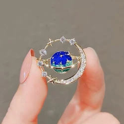 Blue Starry Sky Universe Planet Zirconia Moon Brooch Women Ins Style Costume Jewelry Elegant Safety Pin For Suit Cardigan