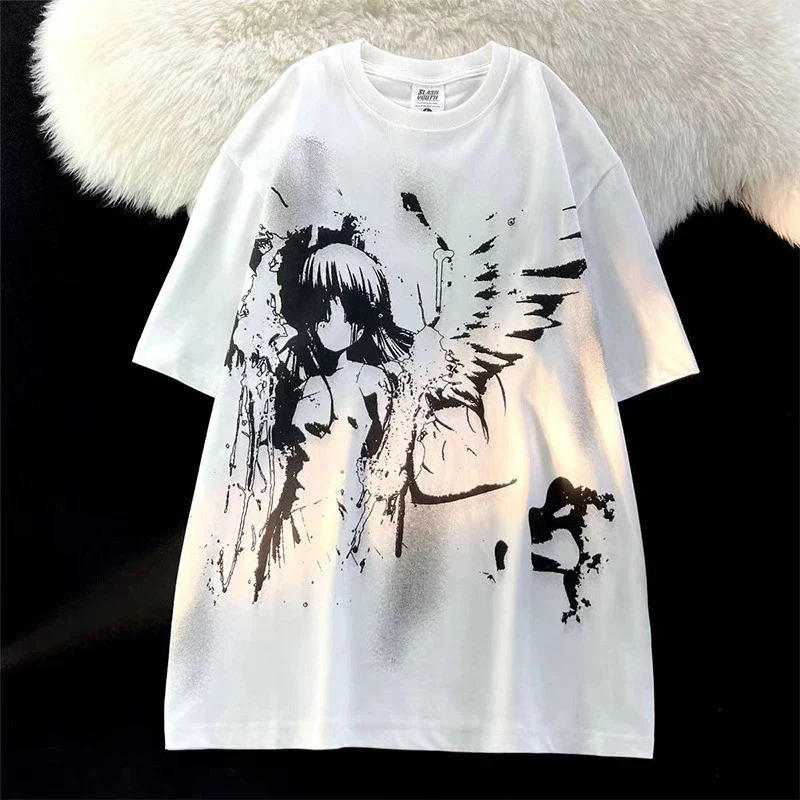 Dark Streetwear Anime Angel Print T-Shirt Round Neck Black White Ink Splatter Loose Oversized Casual Short Sleeve Tops
