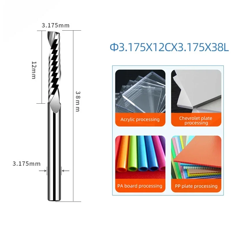1PC Milling Cutter 1 Flute Right Single Spiral Cutter Acrylic PVC MDF Density Board Engraving Router Bit 3.175mm X8~ 3.175mm X32
