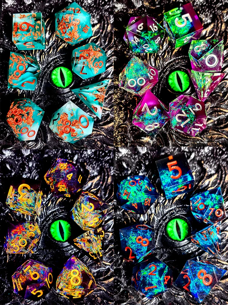 مجموعة نرد DnD - نرد راتينج ذو حافة حادة مكون من 7 قطع، أزرق مع أرقام نحاسية، مثالي لألعاب RPG والطاولة