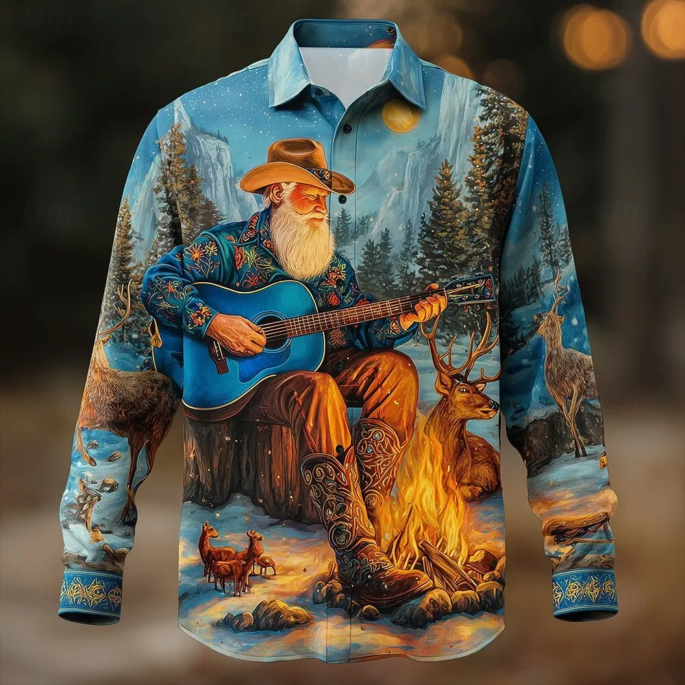 Vintage Santa Claus and Guitar Print Shirts For Men Christmas Style Long Sleeve Shirt Daily Casual Men Clothes Trendy Streetwear