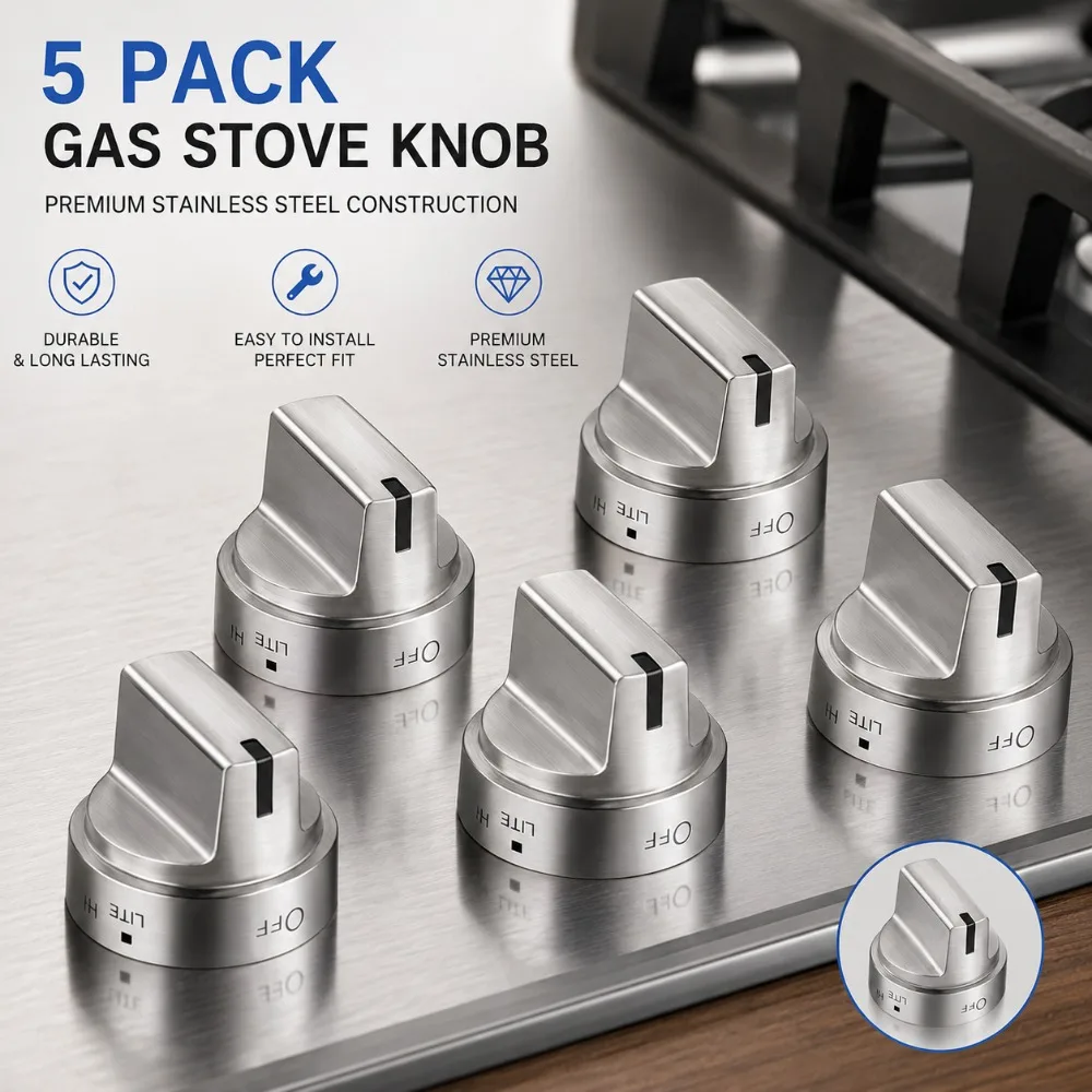

5 Pcs Stainless Steel WB03x24818 Gas Stove Knob Compatible with ge,PS11729081 AP5989029 Stainless Steel Stove Replacement Knobs