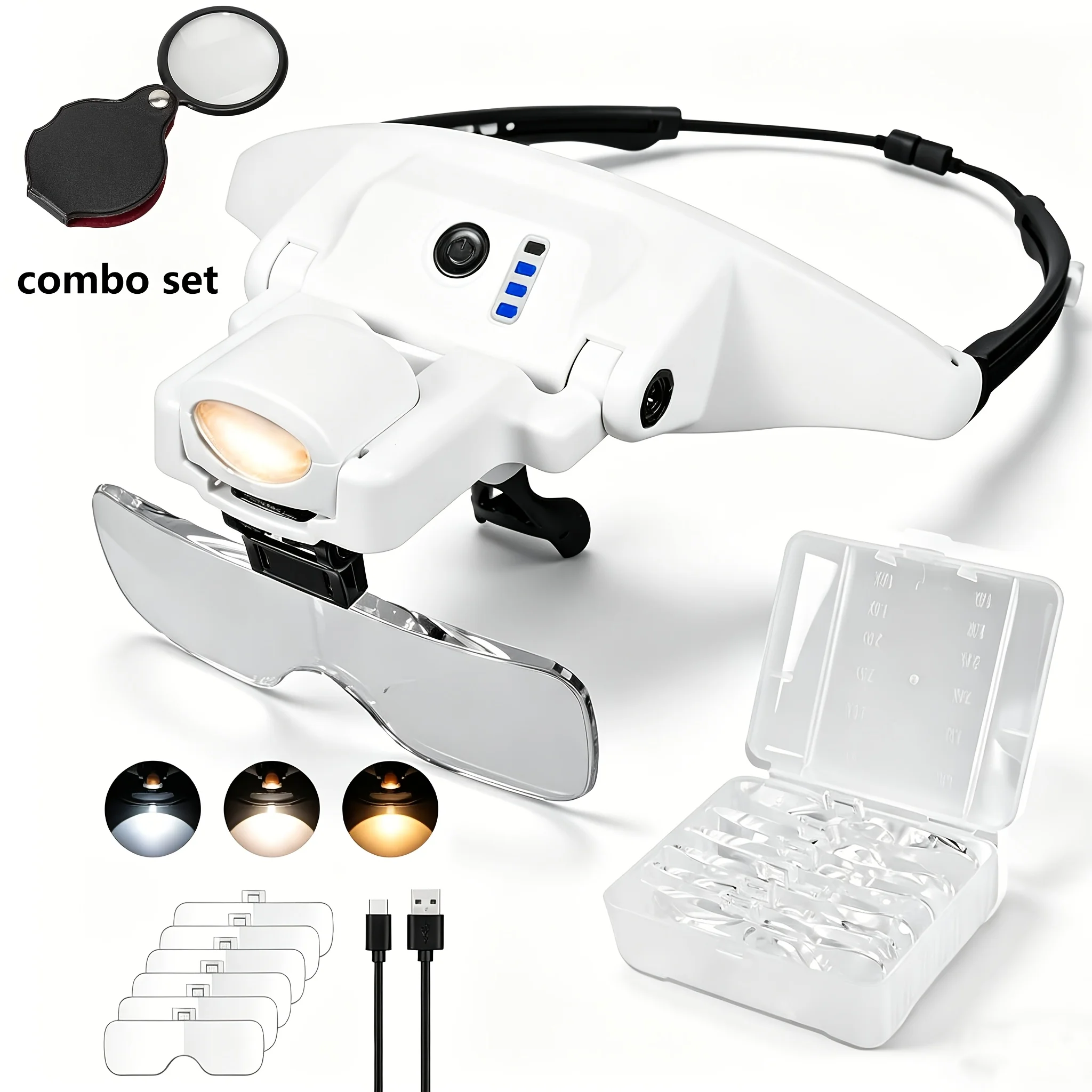 Head-mounted LED Magnifying Glass, 1x-4x Magnification, 6 Interchangeable Magnifying Lenses, Three-color Light Source, Suitable For Reading, Watch Repair, Crafts, Engraving, And Embroidery