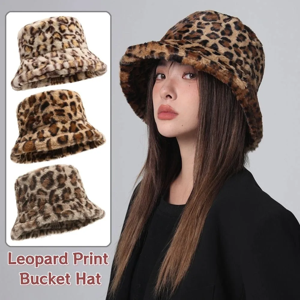 

Basin Hat Korean Style Leopard Print Bucket Hat Thicken INS Winter Warm Hat Trendy Windproof Women Plush Bucket Hat Outdoor