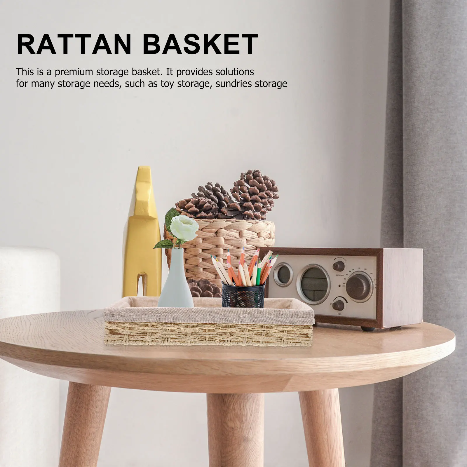 

1Pcs Desktop Storage Basket Hand-Woven Rattan Organizer Box for Keys Coins Cosmetics Sundries Home Office Decorative Bin