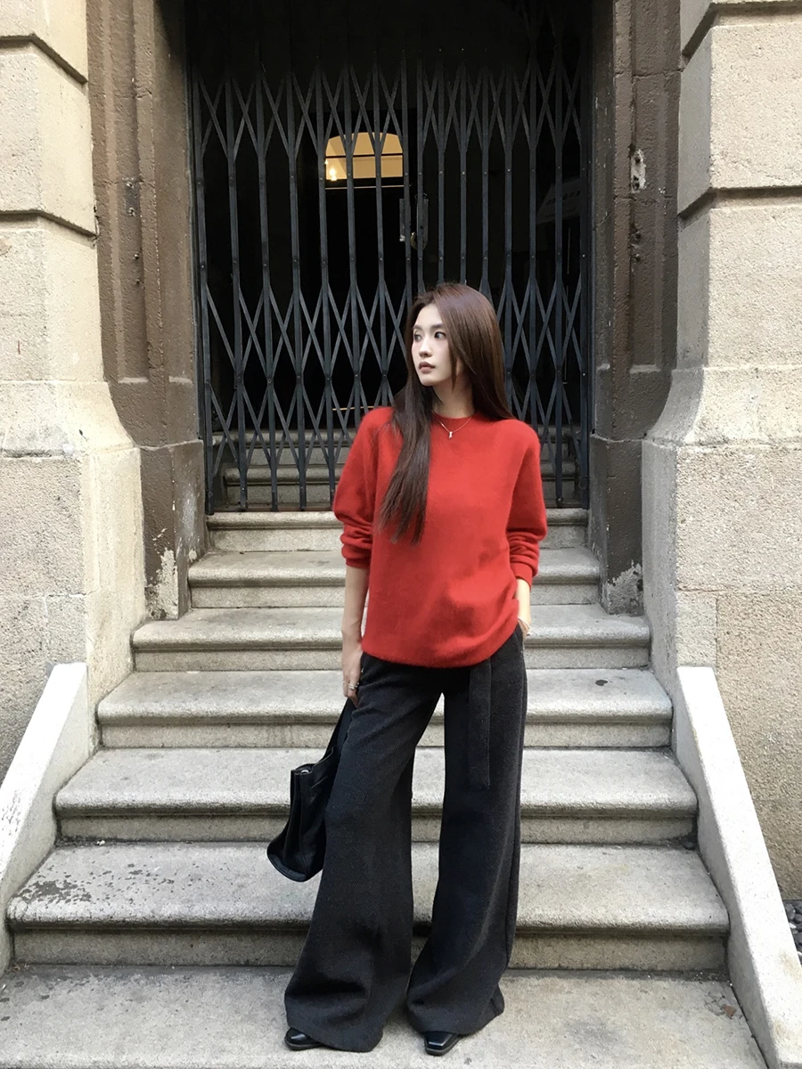 

Red Woolen Knitted Long Sve round Ne Loose Women's Sweater Comfortable Casual Sle Winter Faion Top Elastic Regular L...