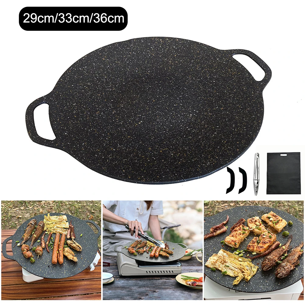 BBQ Grill Pan Round Flat Pancake Griddle Non-stick Barbecue Tray with Food Clip Anti Scald Handle for Outdoor Camping BBQ Tool