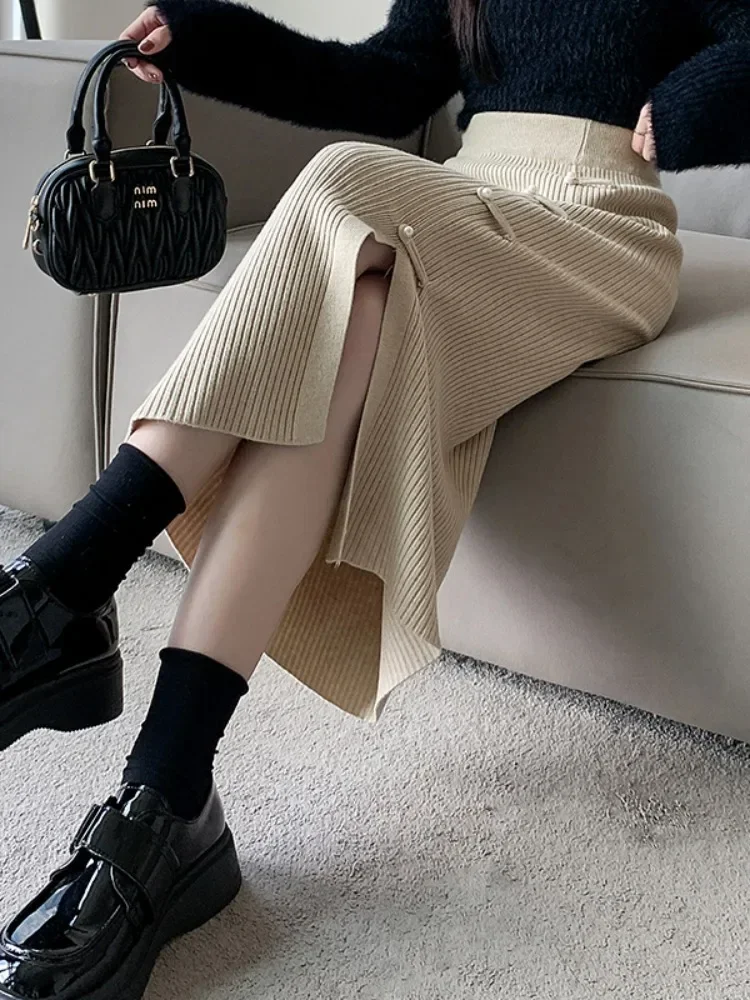 Autumn Winter Knitted Skirts Women Frog Side Slit Elegant Midi Chinese Style Casual Fashion Retro Solid Simple All-match A-line