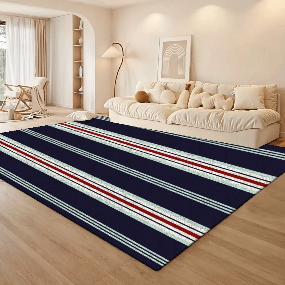 Large Navy Red White Striped Rug, High‑Traffic Non‑Slip Mat, Machine Washable Jumbo Size for Living Room Bedroom Hallway