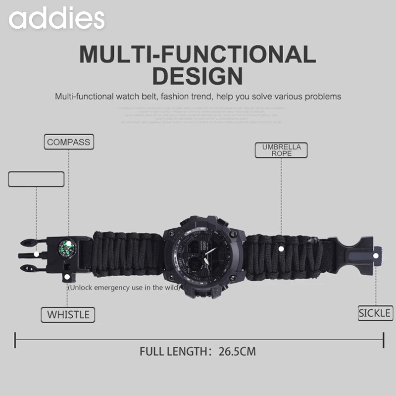 ADDIES Military Survive Outdoor LED Digital Watch  Multifunction Compass Whistles Waterproof Quartz Army Watch relogio masculino