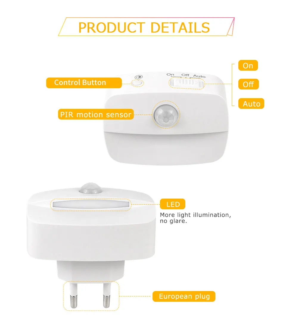 Motion Sensor LED Night Light Plug in Socket 3 Color Temperature Room Kitchen WC Hallway Human Infrared Induction Emergency Lamp