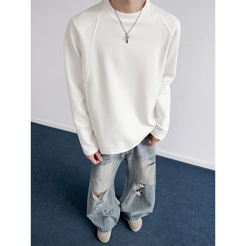 

Spring Long Sleeved T-shirt Men Fashion Black Casual T-shirt Men Streetwear Korean Loose Round Neck White T Shirt Mens Top