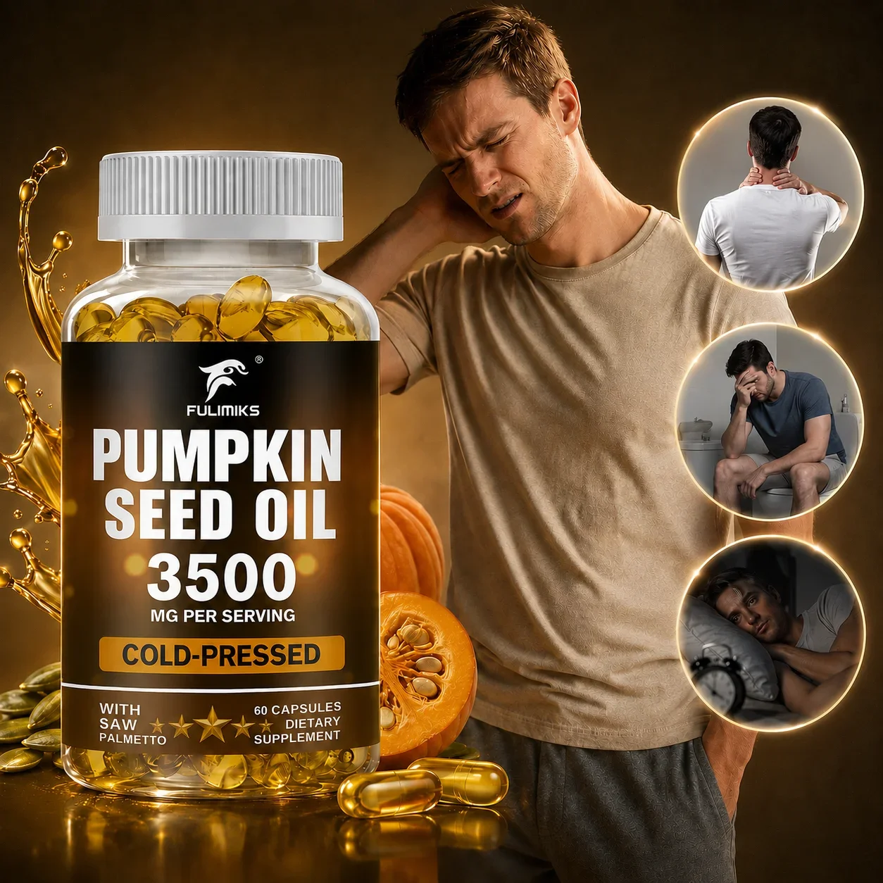 Pumpkin Seed Oil 3500mg Capsules, Cold-Pressed Pumpkin Seed Oil Plus Saw Palmetto, Support Urinary Comfort, Nourish Hair & Skin