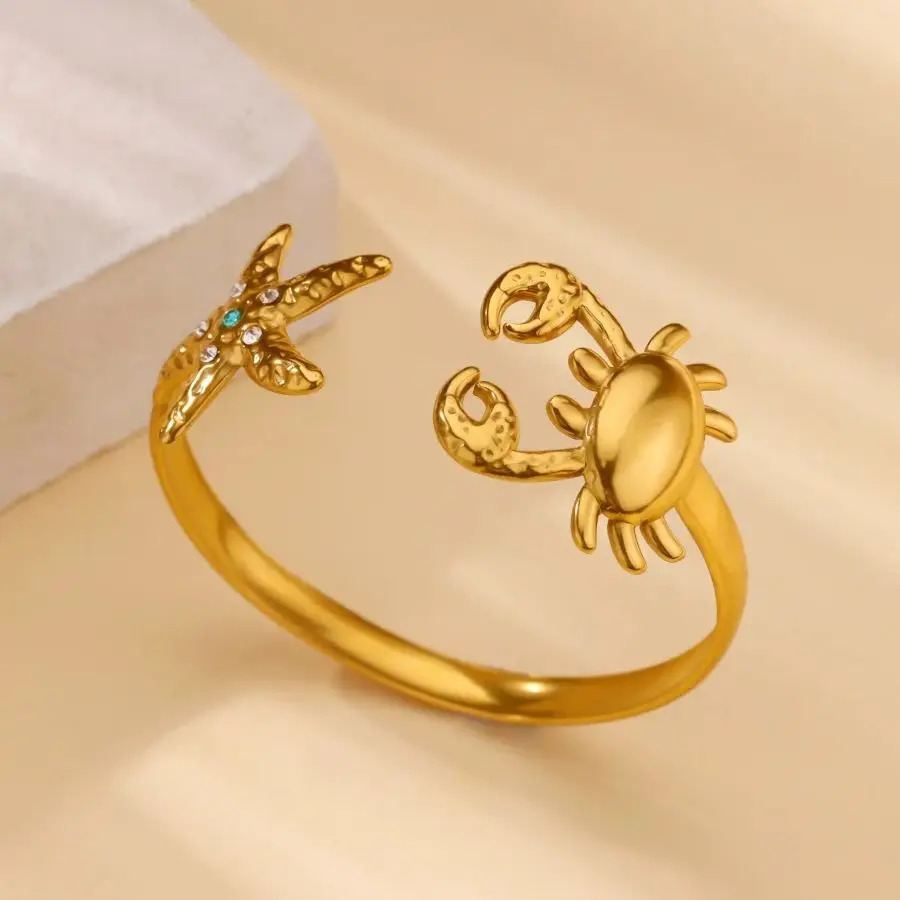 

Zircon Starfish Crab Bangle For Women Gold Color Stainless Steel Starfish Crab Marine Life Bangle Summer Ocean Jewelry Gift BFF