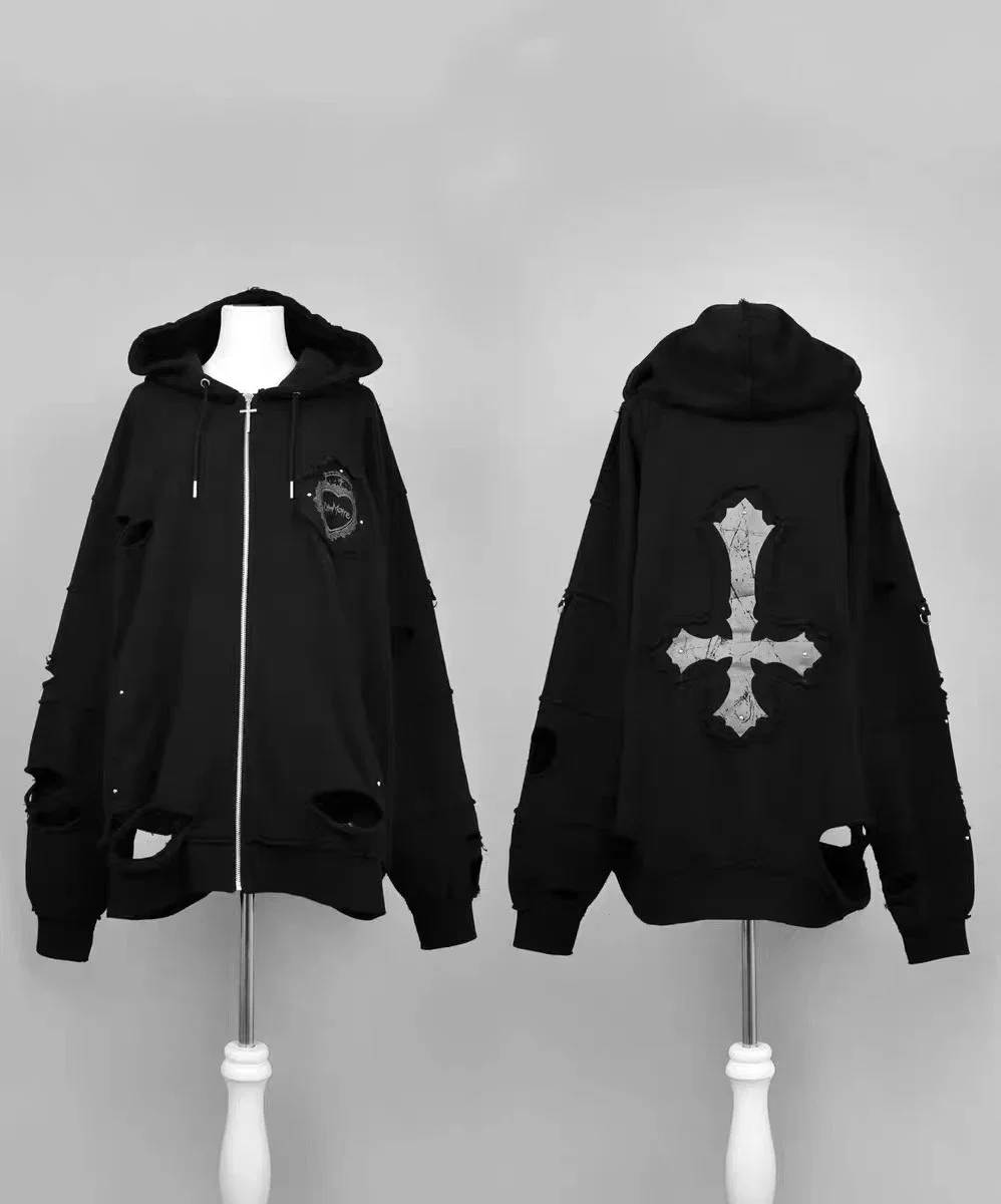 اليابانية الرجعية Y2K ثقافة فرعية ممزق معطف بقلنسوة القوطي الشرير فضفاض سستة معطف لطيف الحلو كول اليومية الخريف الشتاء النساء