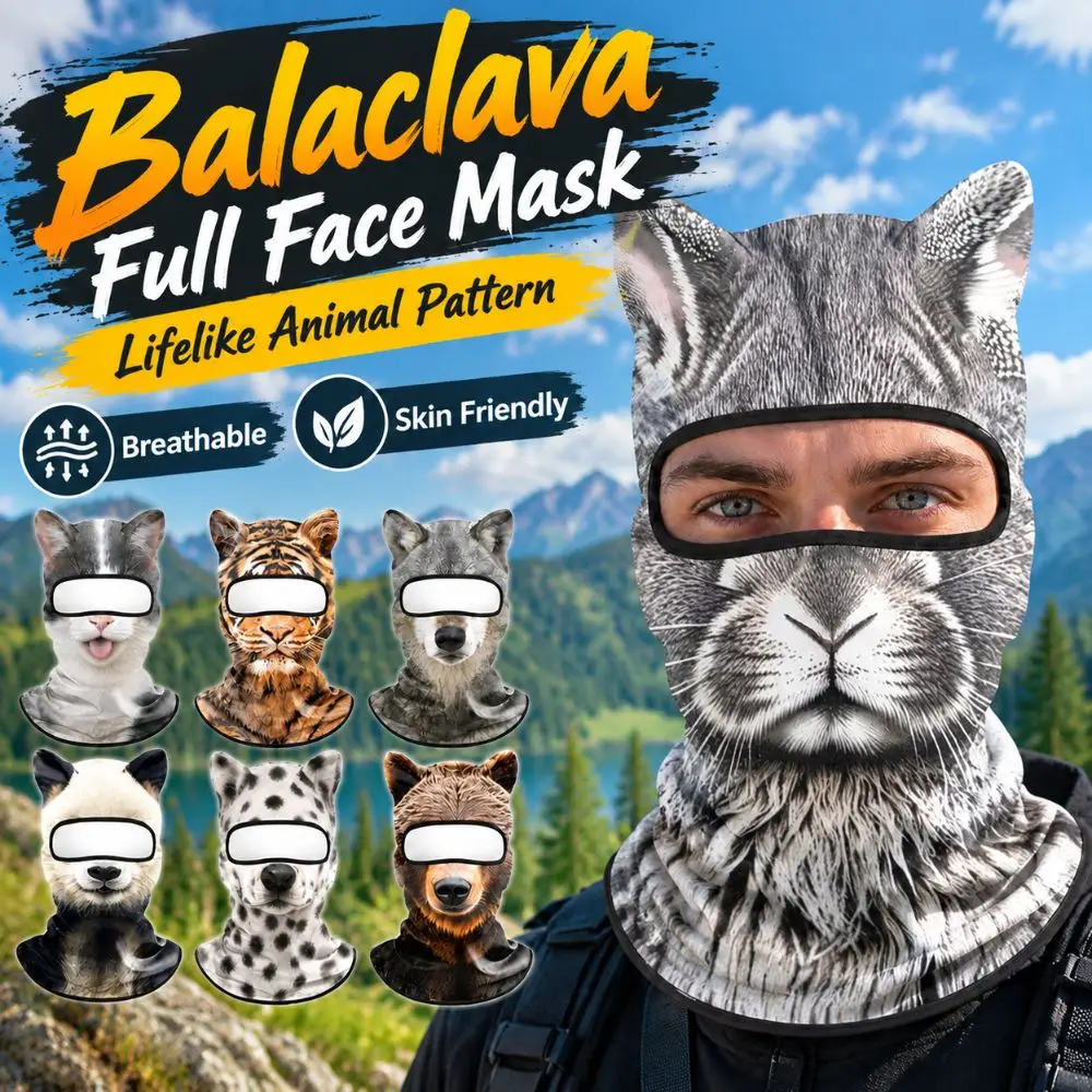 Animal Pattern Balaclava Mask Windproof Breathable Full Face Mask Ice Silk Skin Friendly Eared Head Cover Cycling/Party/Outdoor