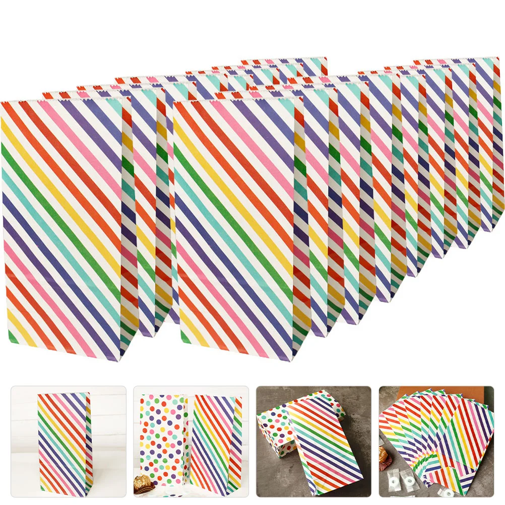 30 Pcs Striped Candy Bags Kids Party Favor Birthday Baking Paper Biscuit Goodie Reusable Thick Stable Easy Fold Rainbow Colored