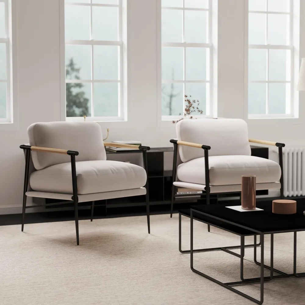 

Mid-Century Accent Chair Set of 2, Soft Armchair Chenille Fabric Lounge Chair with Black Metal Legs, Upholstered Leisure Chair.