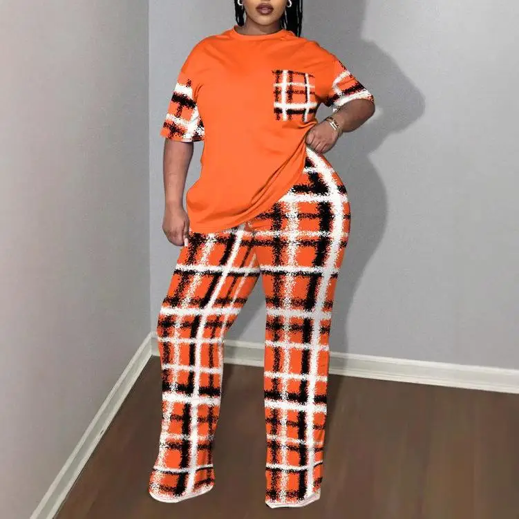 

Женская рубашка больших размеров с круглым вырезом и карманом, брюки с принтом, повседневный модный комплект с длинными рукавами, одежда больших размеров для женщин.