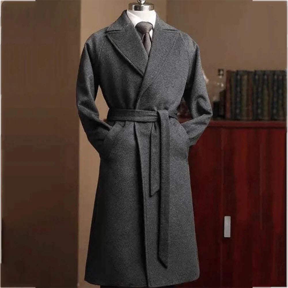 

Luxury Men Jacket Gray Woolen Peak Lapel Elegant Blazer with Belt New Autumn Winter Gentleman High Quality Fashion Long Coat
