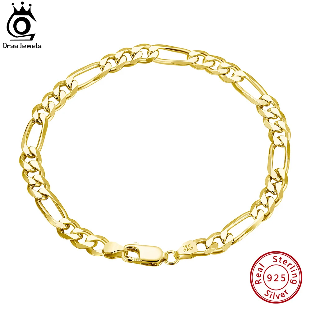 

ORSA JEWELS Italian 14K Gold 5mm Diamond-Cut Figaro Chain Bracelet for Women Men Fashion 925 Silver Bracelet Party Jewelry SB66