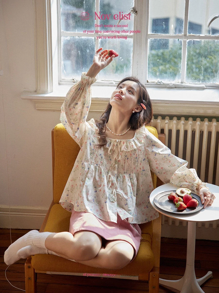 

Retro Sle Loose Fit Long Sve round Ne irt with Lace Trim And Floral Print for Young Women Cotton Commute irt