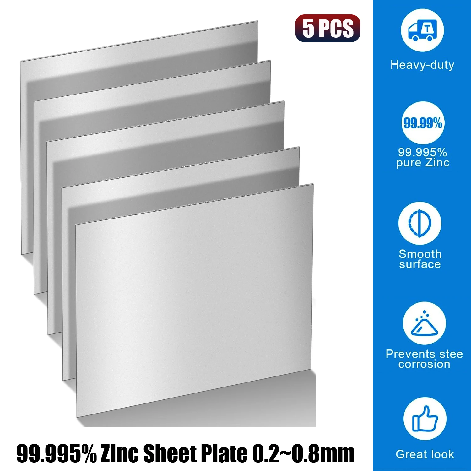 5 hojas de zinc puro 99.995%, grado de laboratorio de 0,2-0,8 mm de espesor, 100x100 mm para electroquímica, experimentos científicos, educación