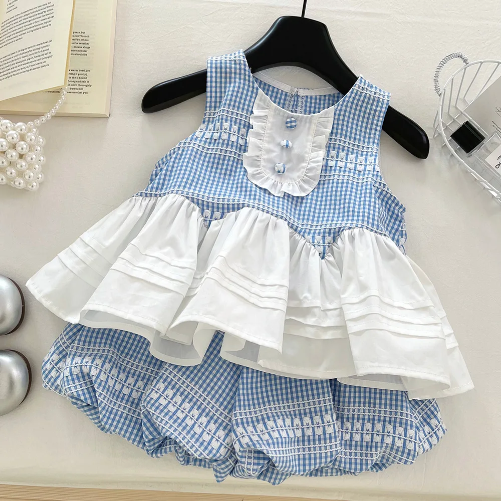 

Korean Summer Kid Girl 2PCS Clothes Set Spliced Bubble Plaid Vest Tops Short Outfit Trendy Flower Bud Shorts Children Girl Suits