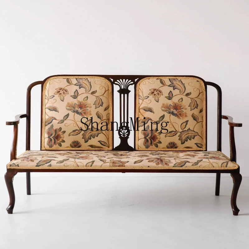 

ZYY printed sofa leisure chair double trio solid wood carving flower retro classic