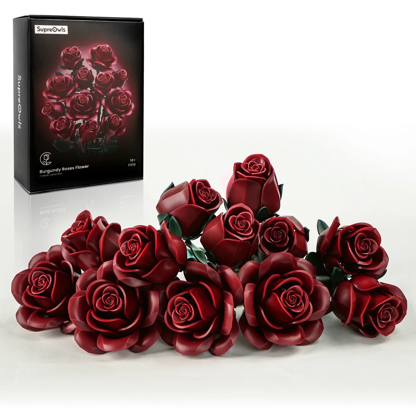 Juego de construcción de rosas rojas burdeos, ramo de flores artificiales, decoración botánica para el hogar, regalo de San Valentín para Halloween para adultos y mujeres