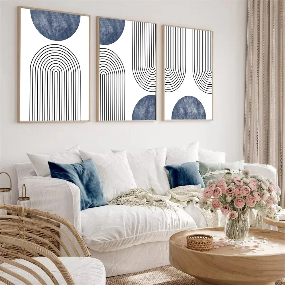 Abstract Bohemia Blue Geometry Art Painting Retro Lines Poster Minimalist Canvas Print Nordic Wall Pictures Living Room Decor