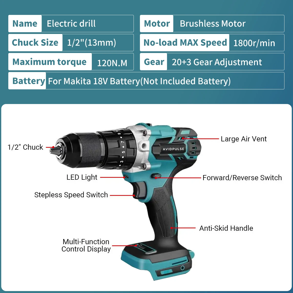 13MM Brushless Electric Impact Drill 20+3 Torque Screwdriver Hammer Drill 120N.m Power Tool For Makita 18V Battery by AvidPulse