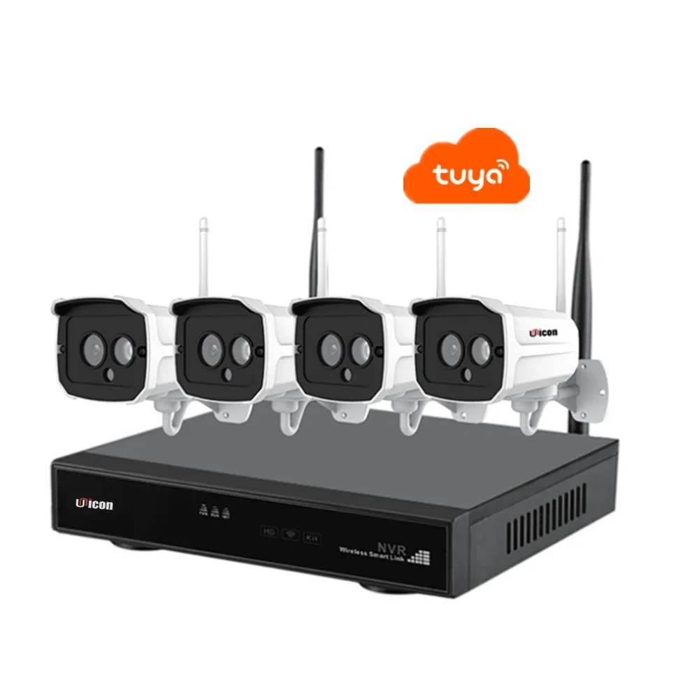 4CH H.265 Tuya App 2MP Audio Video Surveillance Wireless NVR Kit with Security Camera System