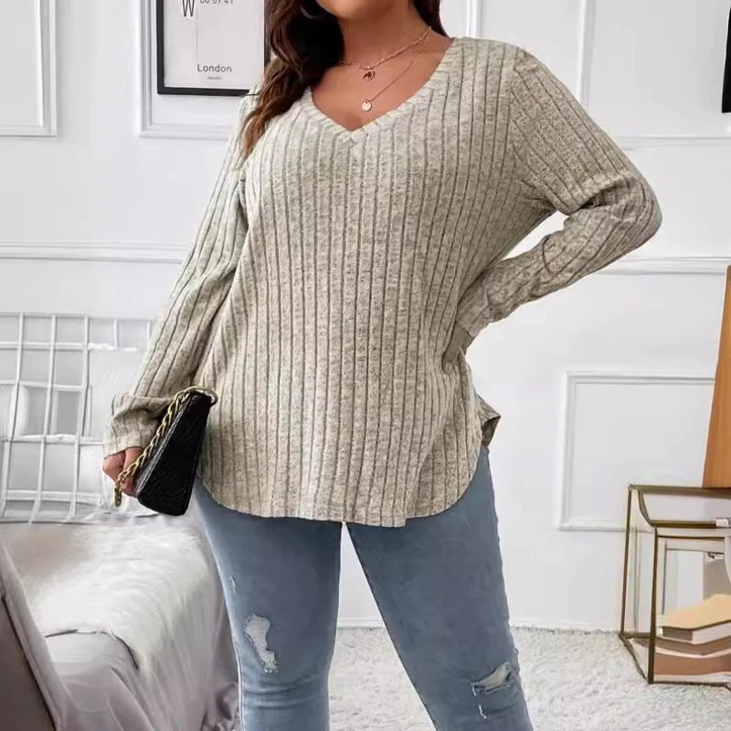 New Solid Color Plus Size Women's Top V-neck Long Sleeved Groove Brushed T-shirt Loose Fitting Pullover