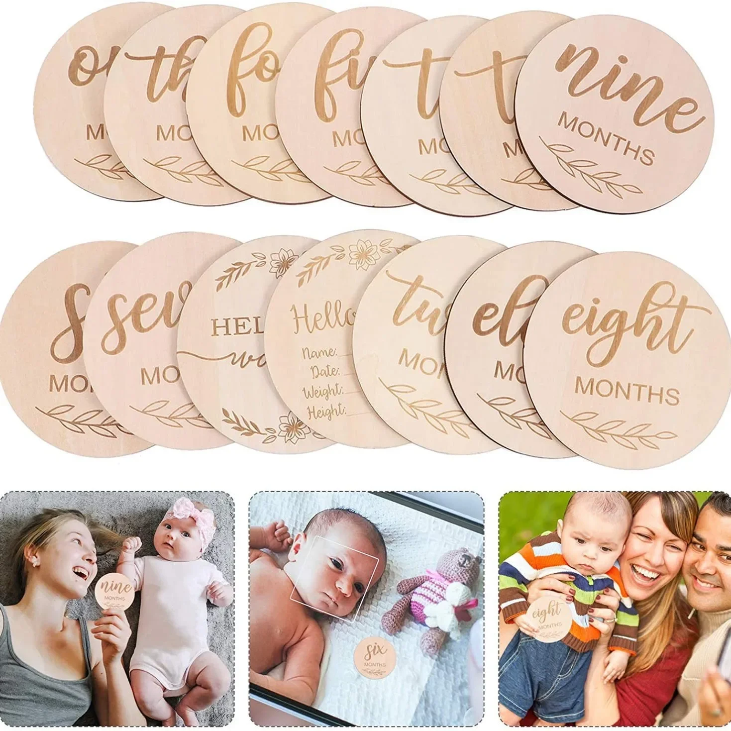 12pcs/set Wood Chip Month Souvenir Card Baby Growth Milestone Double Sided Laser Engraved Wooden Chip Newborn Photography Props