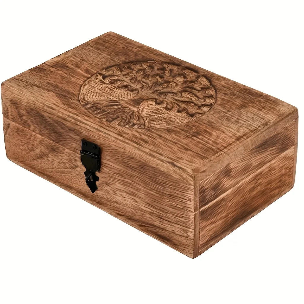 Caja de recuerdo exquisita tallada a mano con motivos de árbol de la vida, hecha de madera de paulownia, caja de almacenamiento de joyas, regalo único para hombres y mujeres (fla
