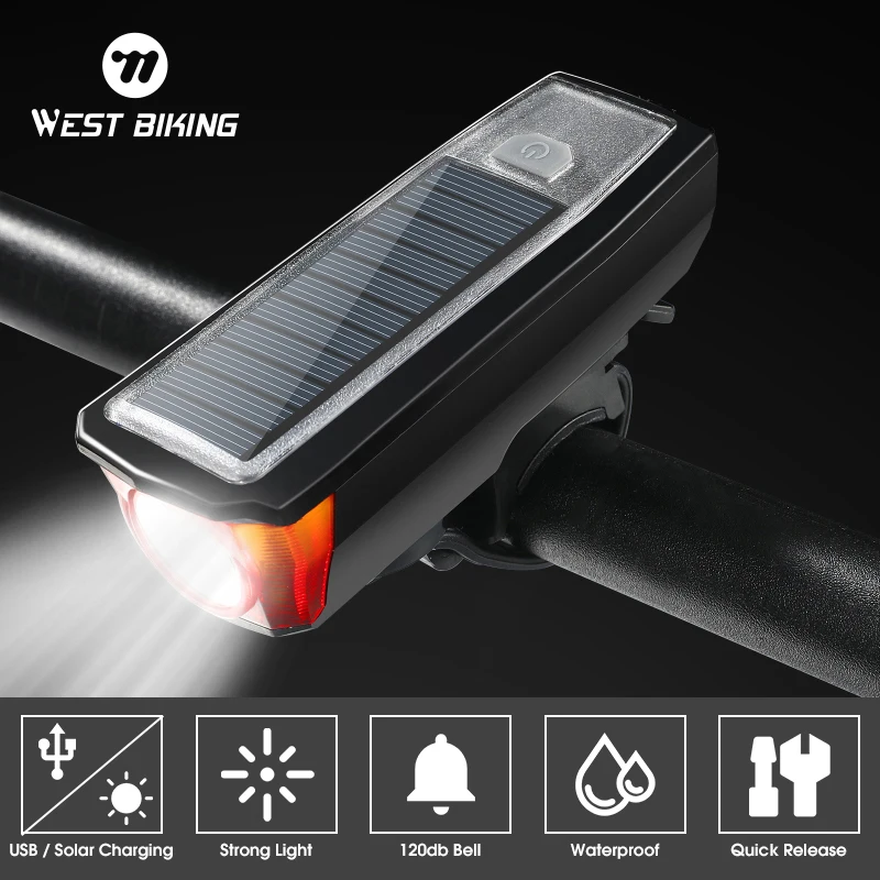 

WEST BIKING 2000mAh Bicycle Light Solar Power USB Rechargeable LED Cycling Headlight Waterproof 120dB Bike Horn Warning Lamp