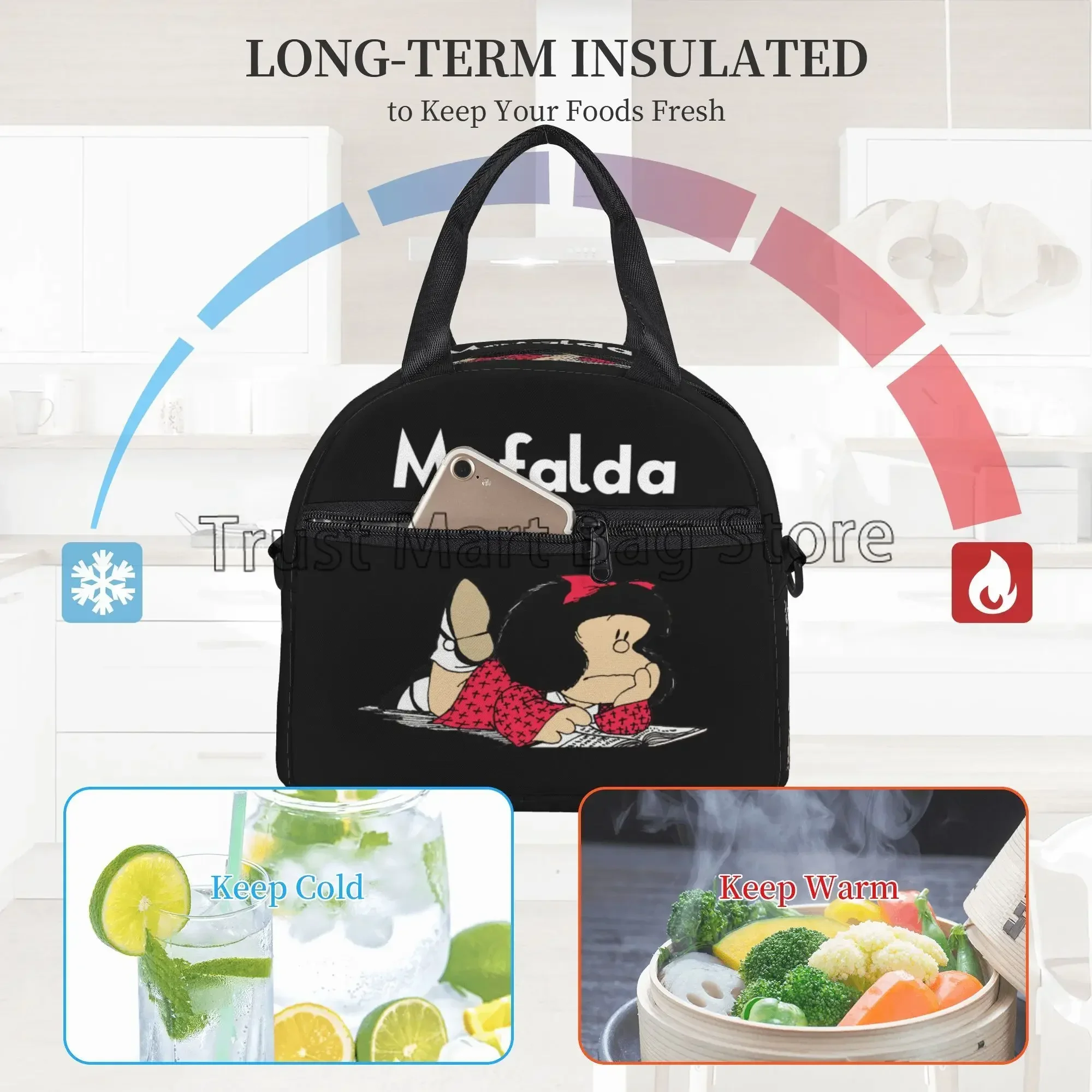 Divertida bolsa de almuerzo aislante Mafalda para niños y niñas, Picnic escolar, fiambrera térmica reutilizable, bolsas de mano #4